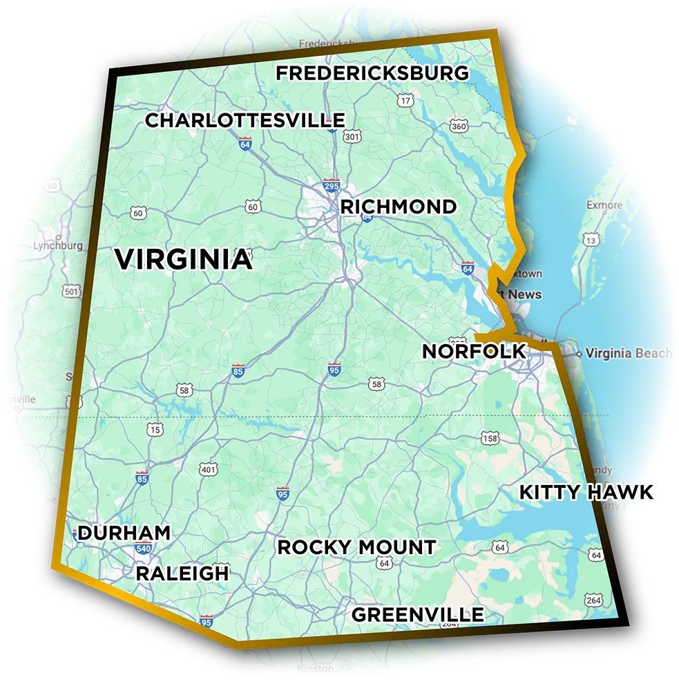 Map of The Solar Doctors service area across Virginia and North Carolina